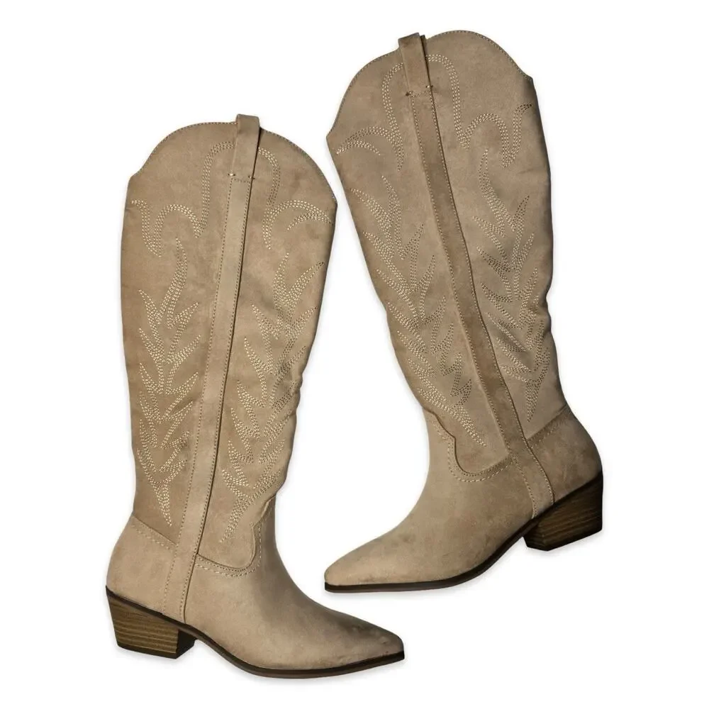 Women’s Taupe Western Cowboy Boots Size 7.5 Knee High Side Zip Pointed Toe